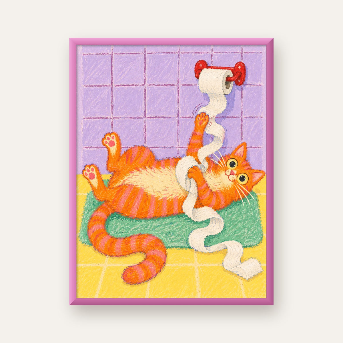 Turuncu Kedi ve Tuvalet Kağıdı Poster – Renkli Eğlenceli Dekor — pembe çerçeveli