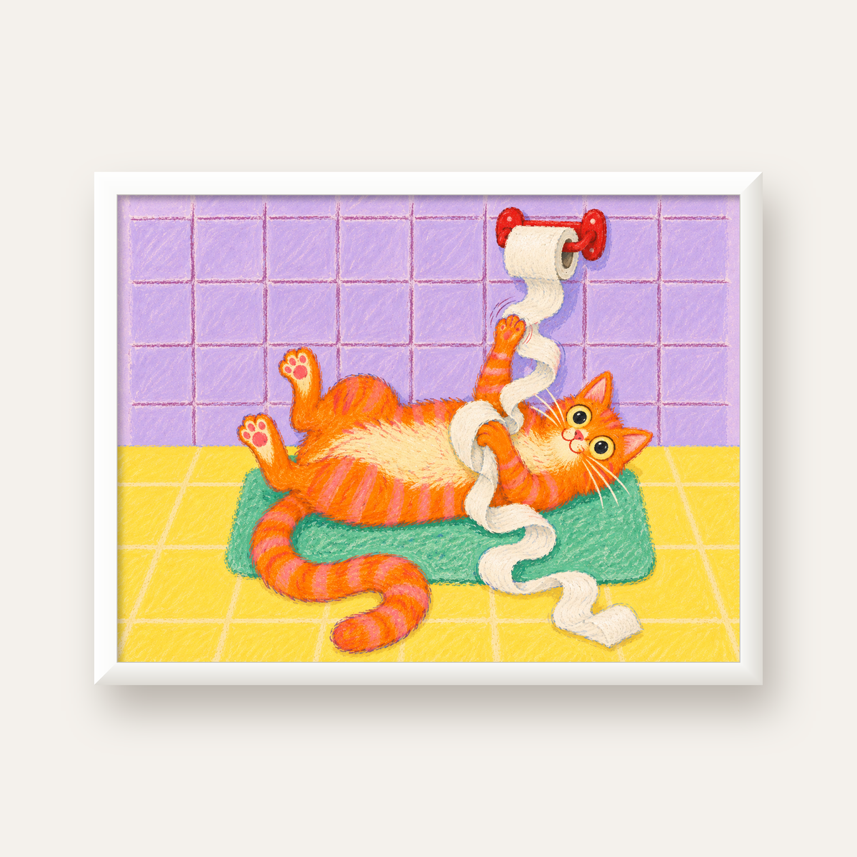 Turuncu Kedi ve Tuvalet Kağıdı Poster – Renkli Eğlenceli Dekor — beyaz çerçeveli yatay poster