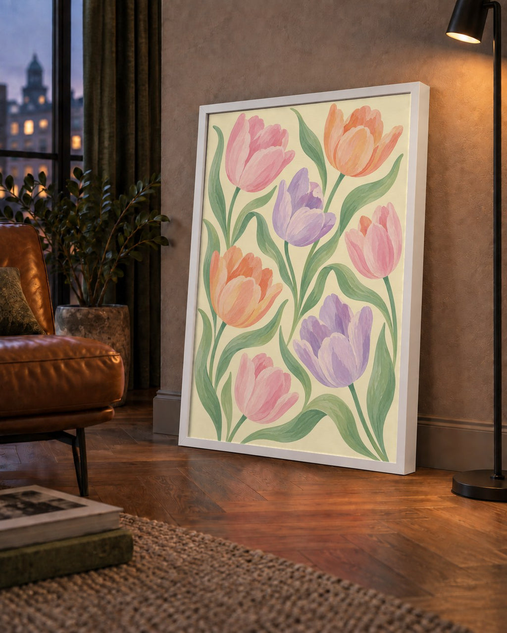Pastel Lale Çiçek Desenli Sanatsal Poster, El Boyaması Etki — çerçeveli hâliyle bir ev duvarında