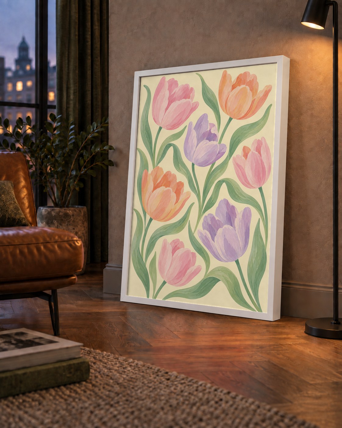 Pastel Lale Çiçek Desenli Sanatsal Poster, El Boyaması Etki — çerçeveli hâliyle bir ev duvarında