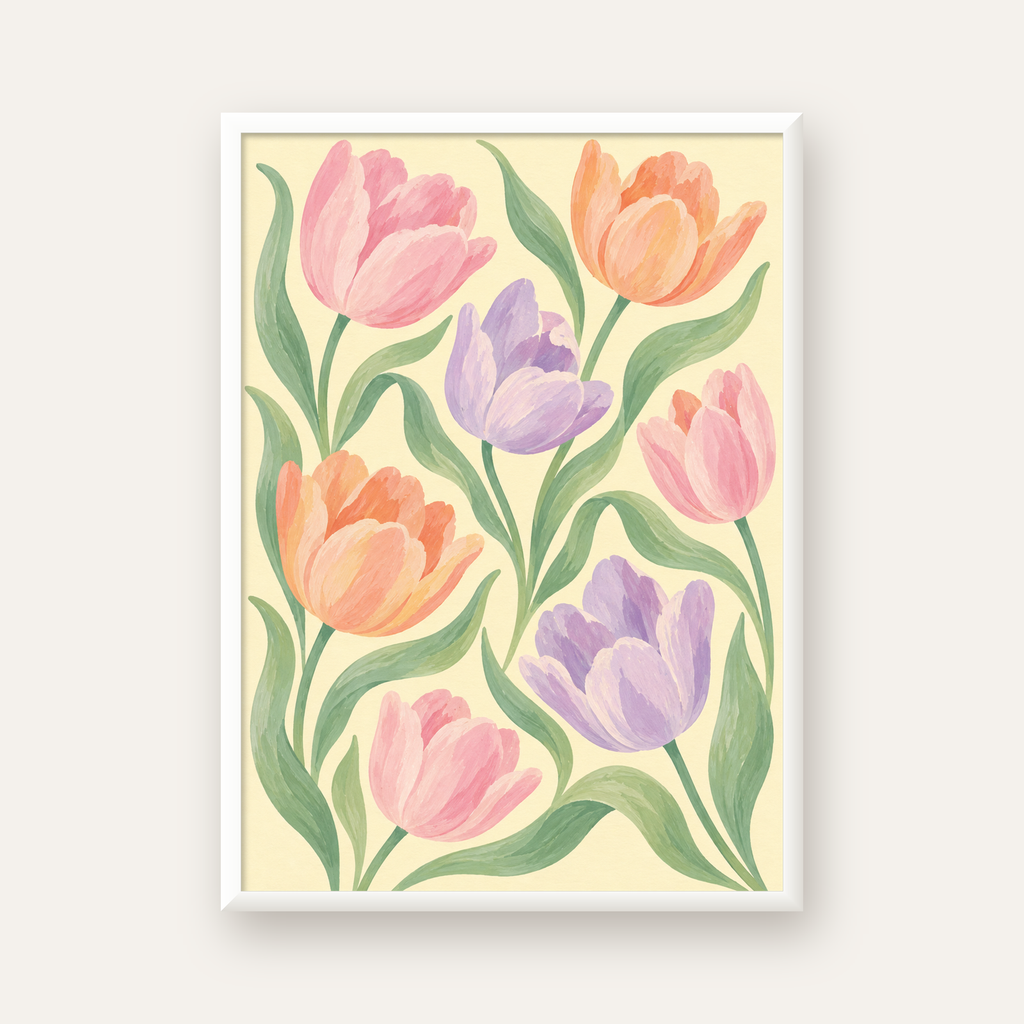 Pastel Lale Çiçek Desenli Sanatsal Poster, El Boyaması Etki — beyaz çerçeveli dikey poster