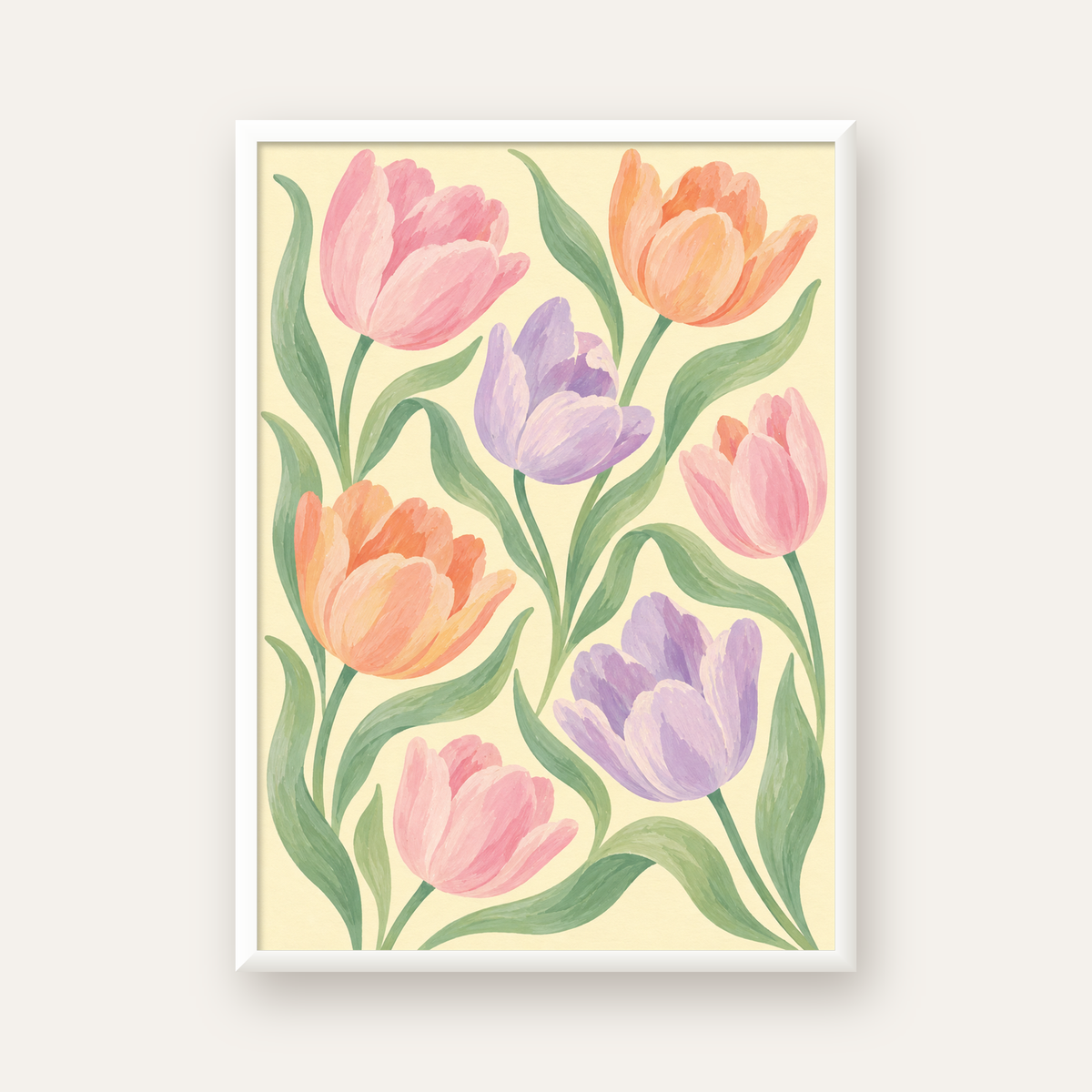 Pastel Lale Çiçek Desenli Sanatsal Poster, El Boyaması Etki — beyaz çerçeveli dikey poster