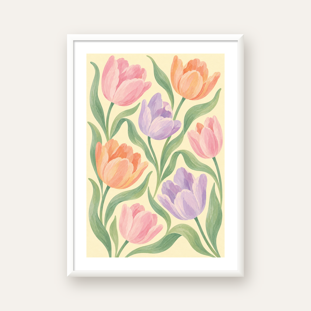 Pastel Lale Çiçek Desenli Sanatsal Poster, El Boyaması Etki — beyaz çerçeveli dikey poster