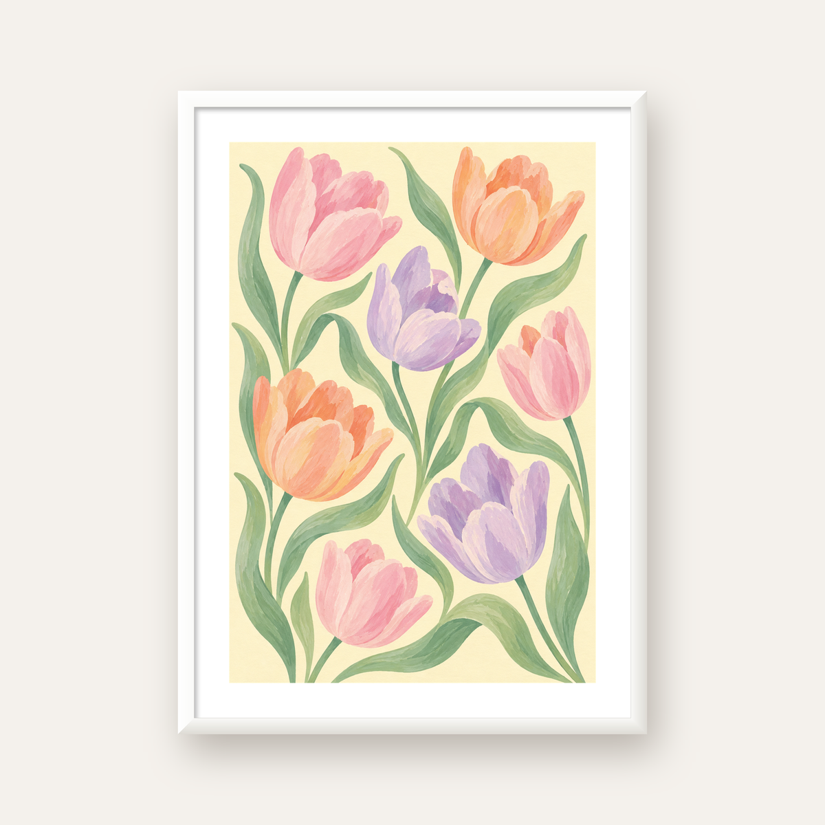 Pastel Lale Çiçek Desenli Sanatsal Poster, El Boyaması Etki — beyaz çerçeveli dikey poster