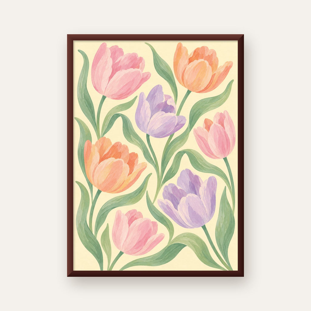 Pastel Lale Çiçek Desenli Sanatsal Poster, El Boyaması Etki — ceviz çerçeveli