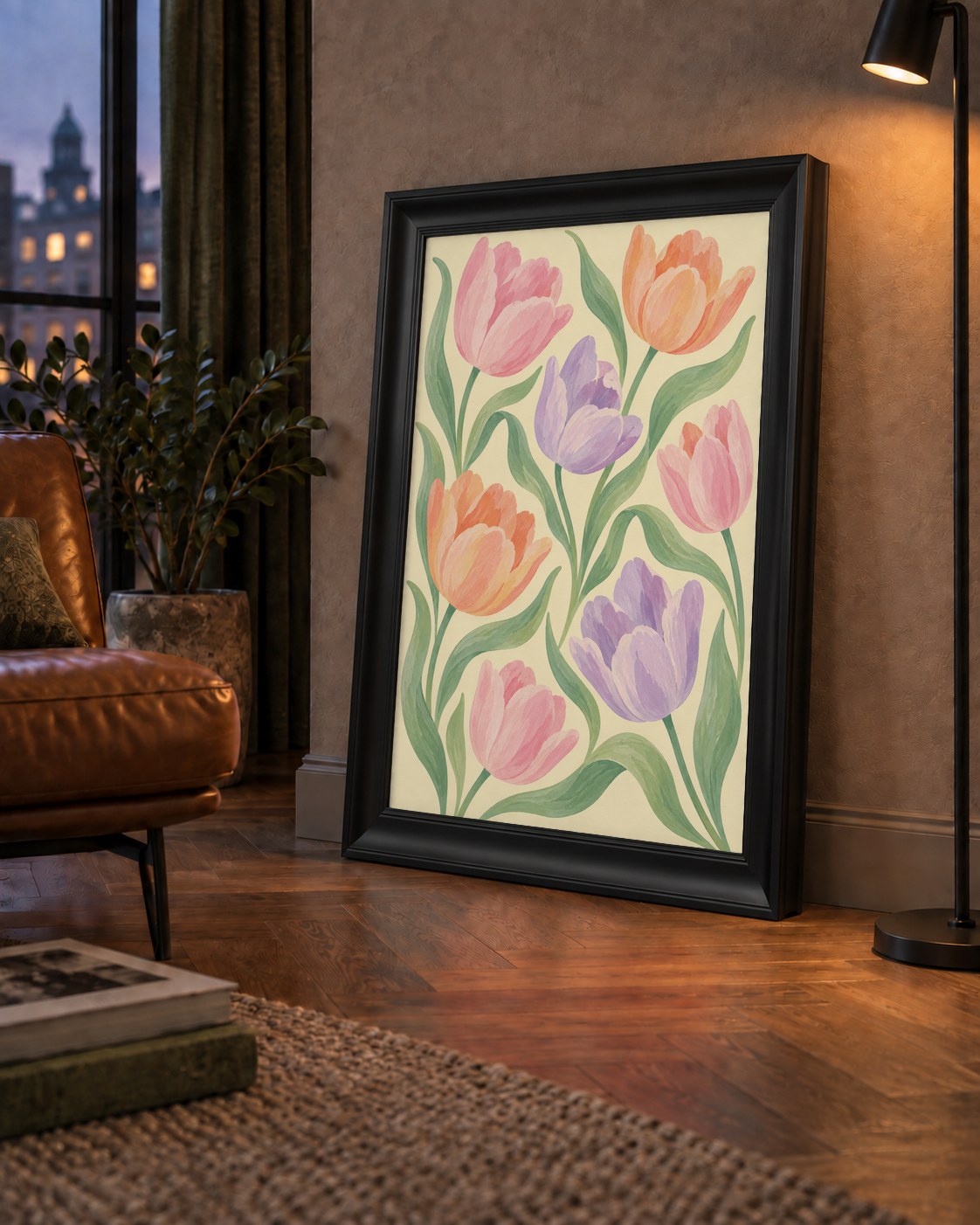 Pastel Lale Çiçek Desenli Sanatsal Poster, El Boyaması Etki — çerçeveli hâliyle bir ev duvarında