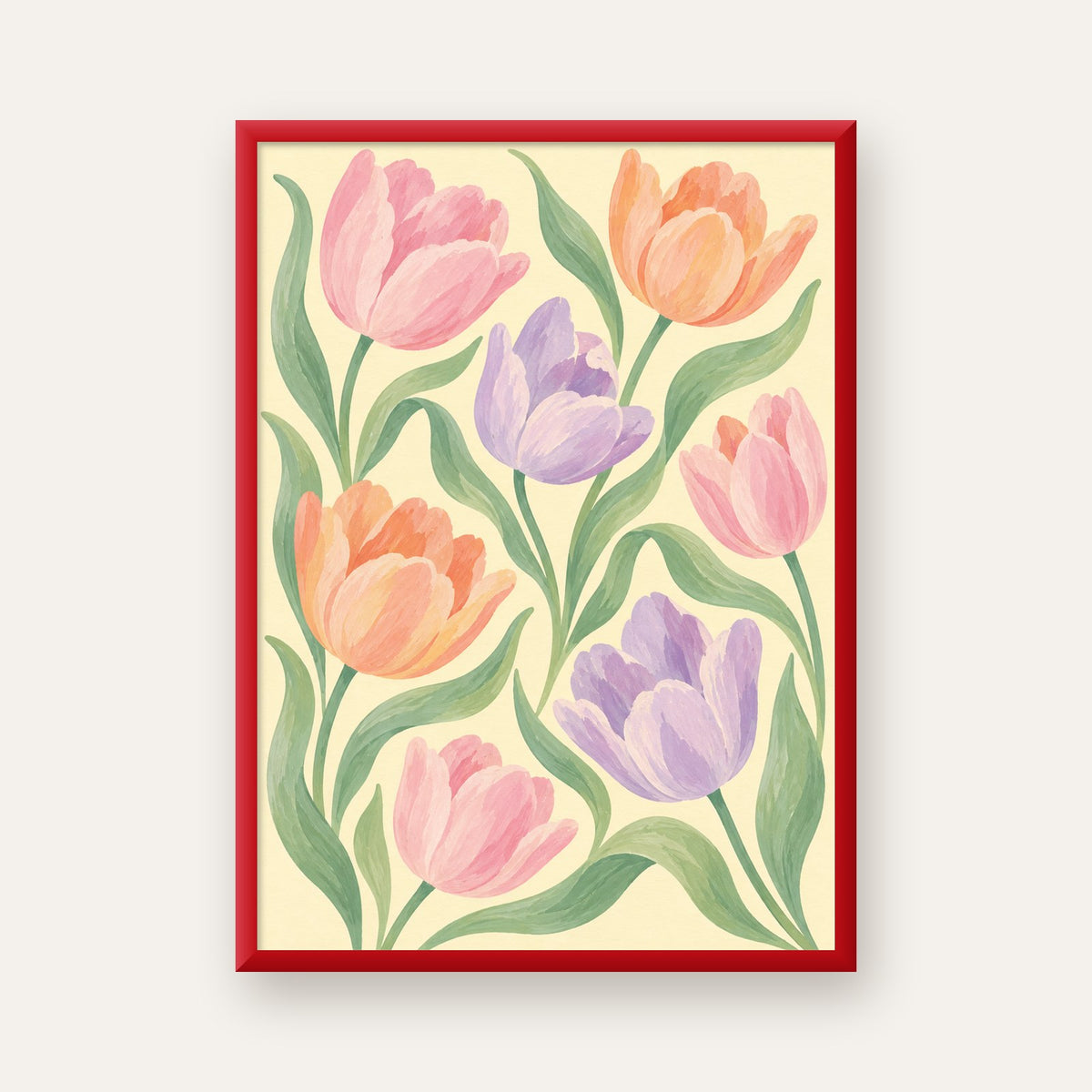 Pastel Lale Çiçek Desenli Sanatsal Poster, El Boyaması Etki — kırmızı çerçeveli