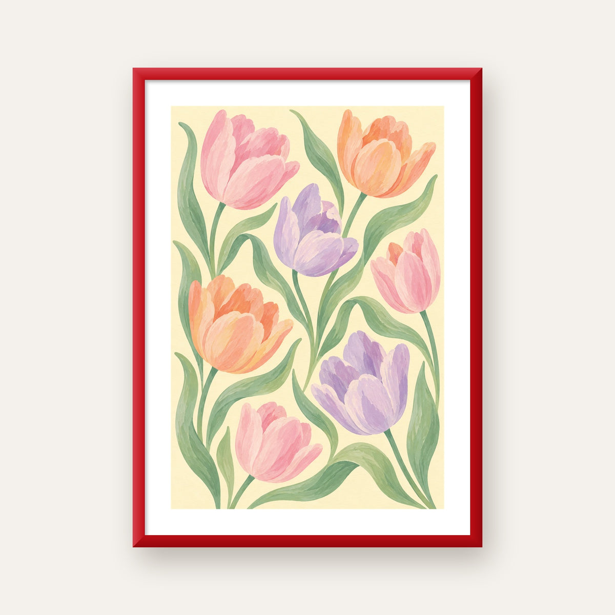 Pastel Lale Çiçek Desenli Sanatsal Poster, El Boyaması Etki — kırmızı çerçeveli paspartulu