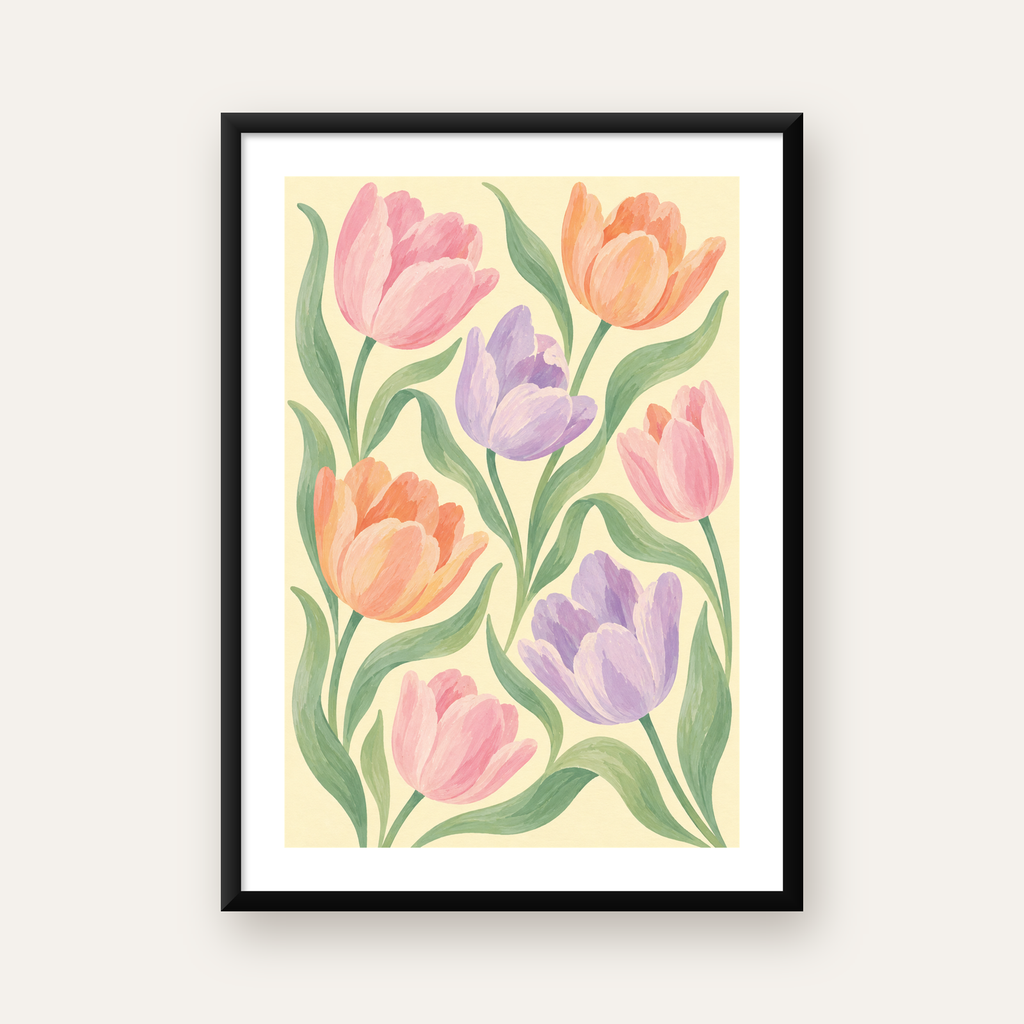 Pastel Lale Çiçek Desenli Sanatsal Poster, El Boyaması Etki — Dikey baskı, beyaz paspartulu