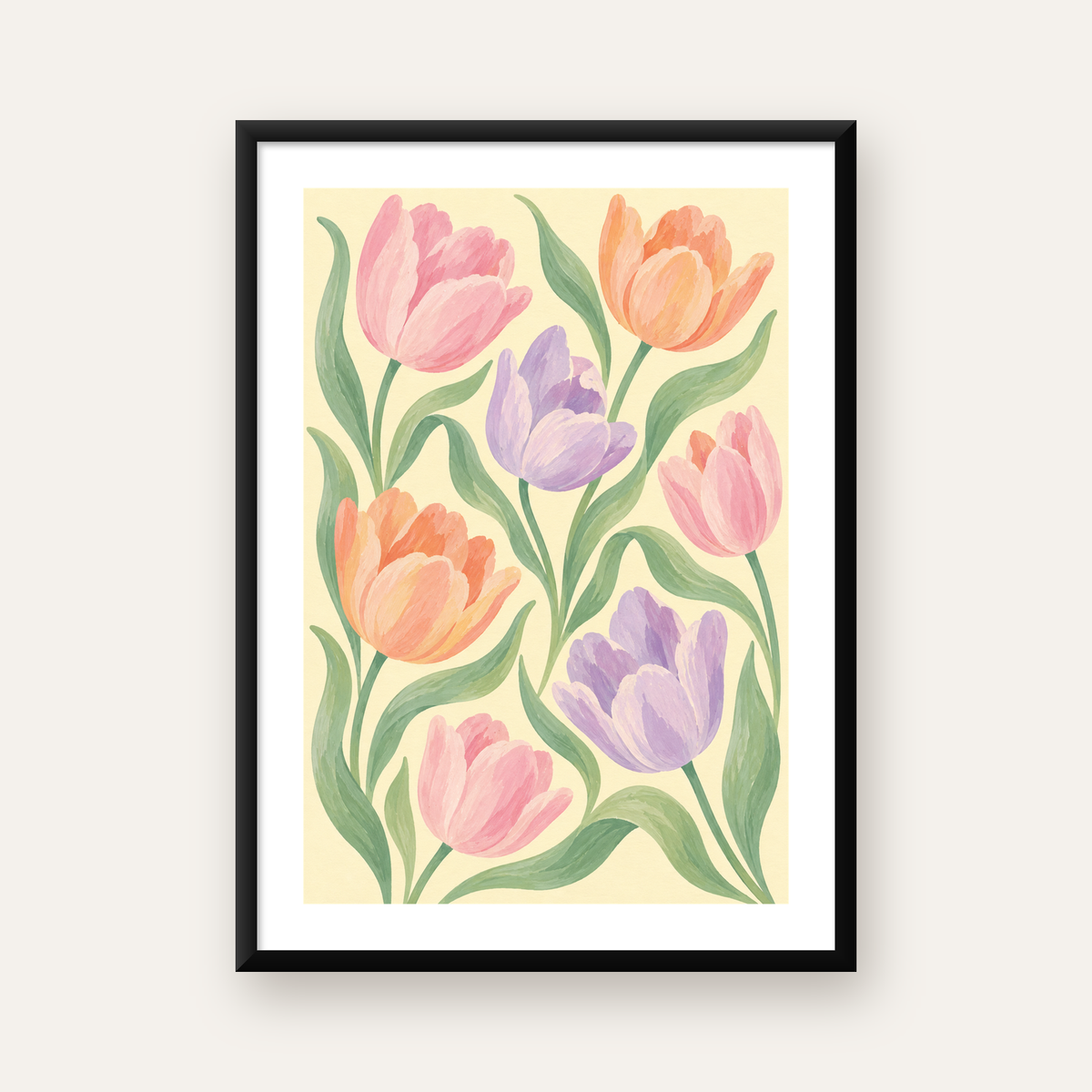 Pastel Lale Çiçek Desenli Sanatsal Poster, El Boyaması Etki — Dikey baskı, beyaz paspartulu