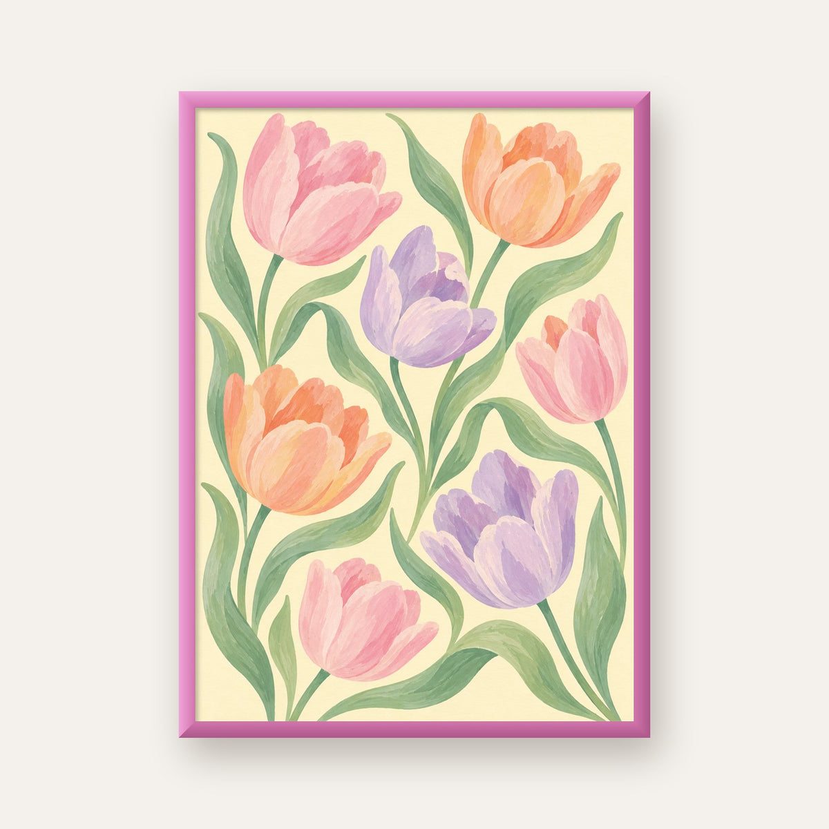 Pastel Lale Çiçek Desenli Sanatsal Poster, El Boyaması Etki — pembe çerçeveli