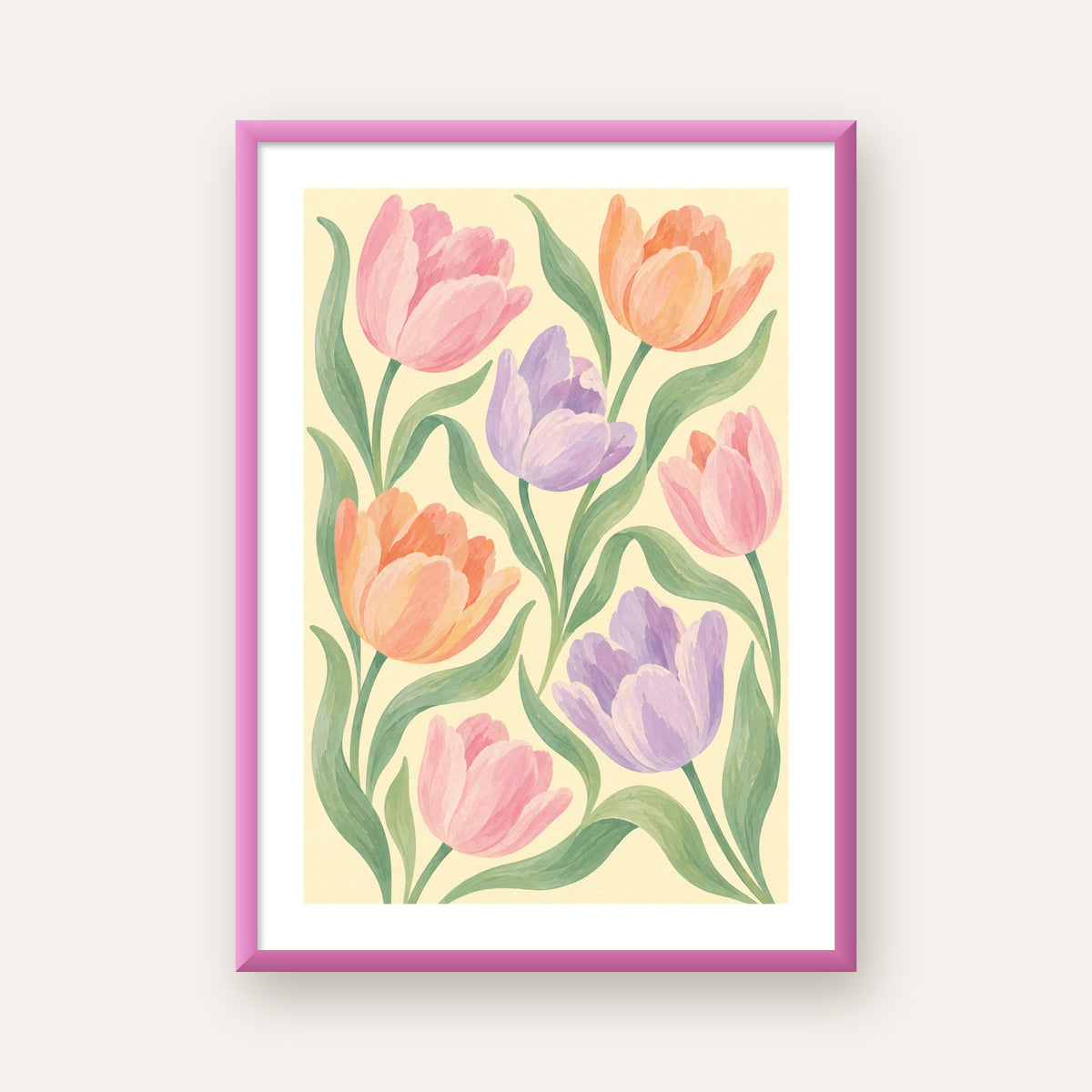 Pastel Lale Çiçek Desenli Sanatsal Poster, El Boyaması Etki — pembe çerçeveli paspartulu