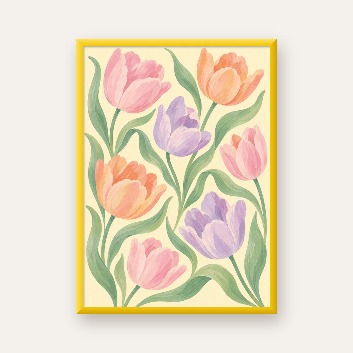 Pastel Lale Çiçek Desenli Sanatsal Poster, El Boyaması Etki — sarı çerçeveli