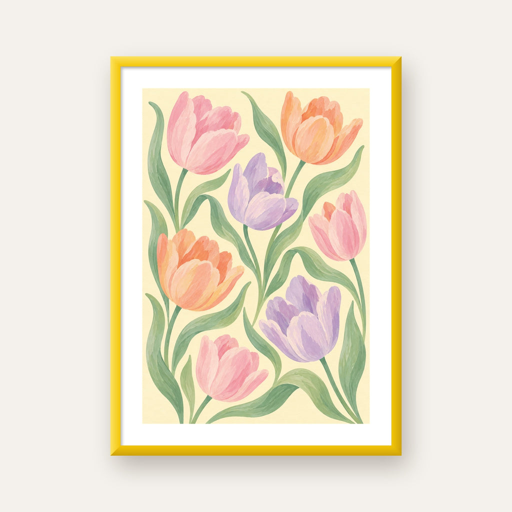 Pastel Lale Çiçek Desenli Sanatsal Poster, El Boyaması Etki — sarı çerçeveli paspartulu