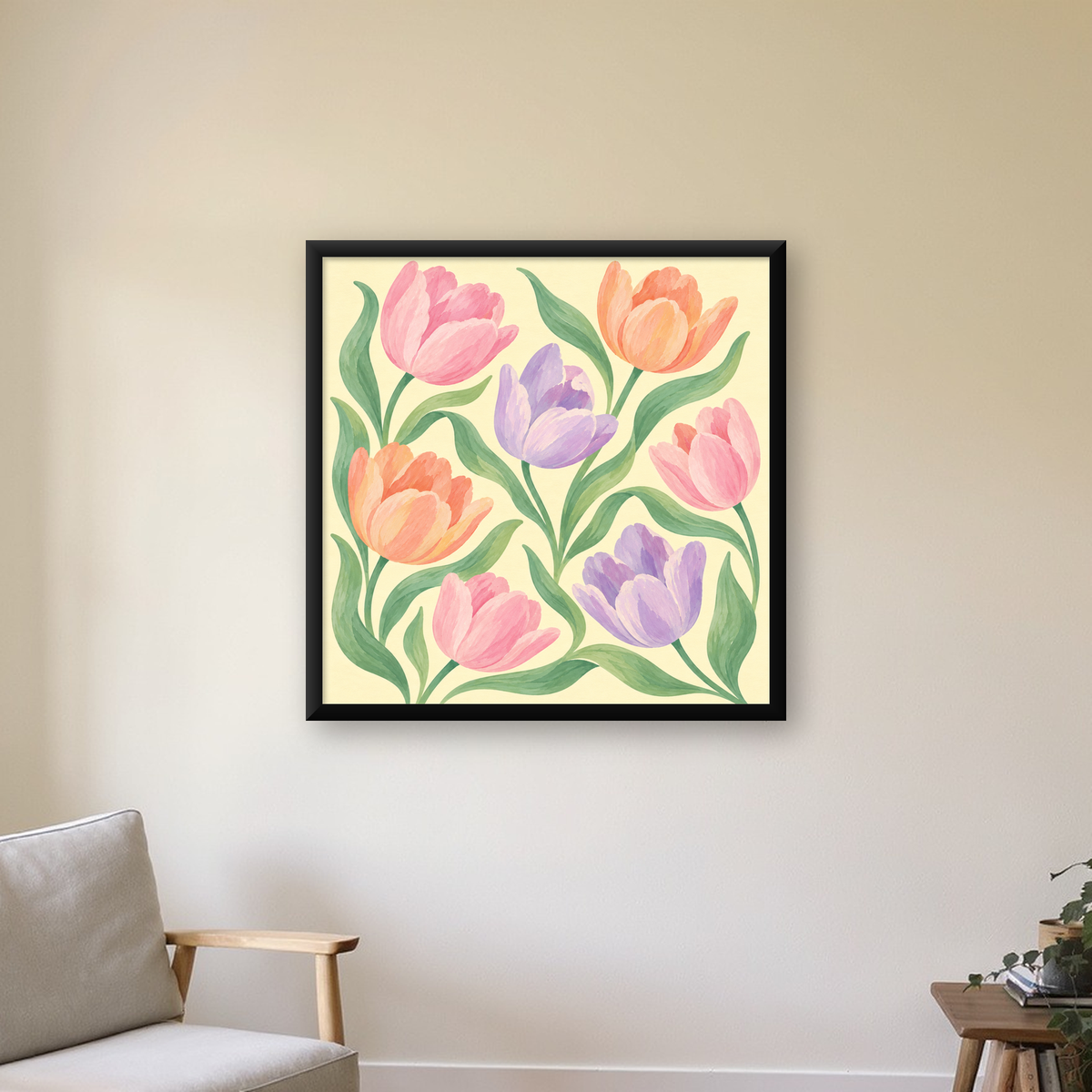 Pastel Lale Çiçek Desenli Sanatsal Poster, El Boyaması Etki — Kare baskı, çerçeveli hâliyle bir ev duvarında