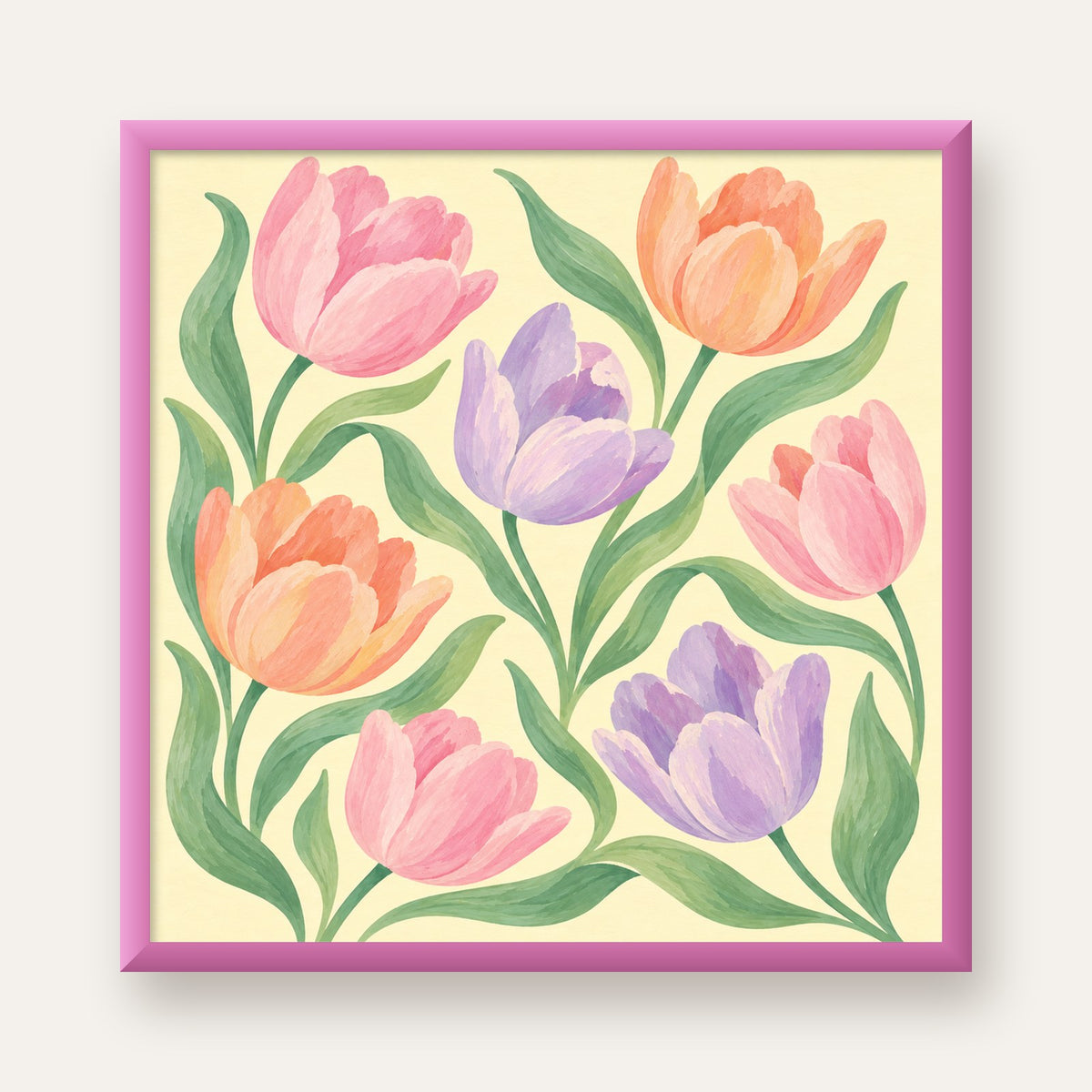 Pastel Lale Çiçek Desenli Sanatsal Poster, El Boyaması Etki — pembe çerçeveli