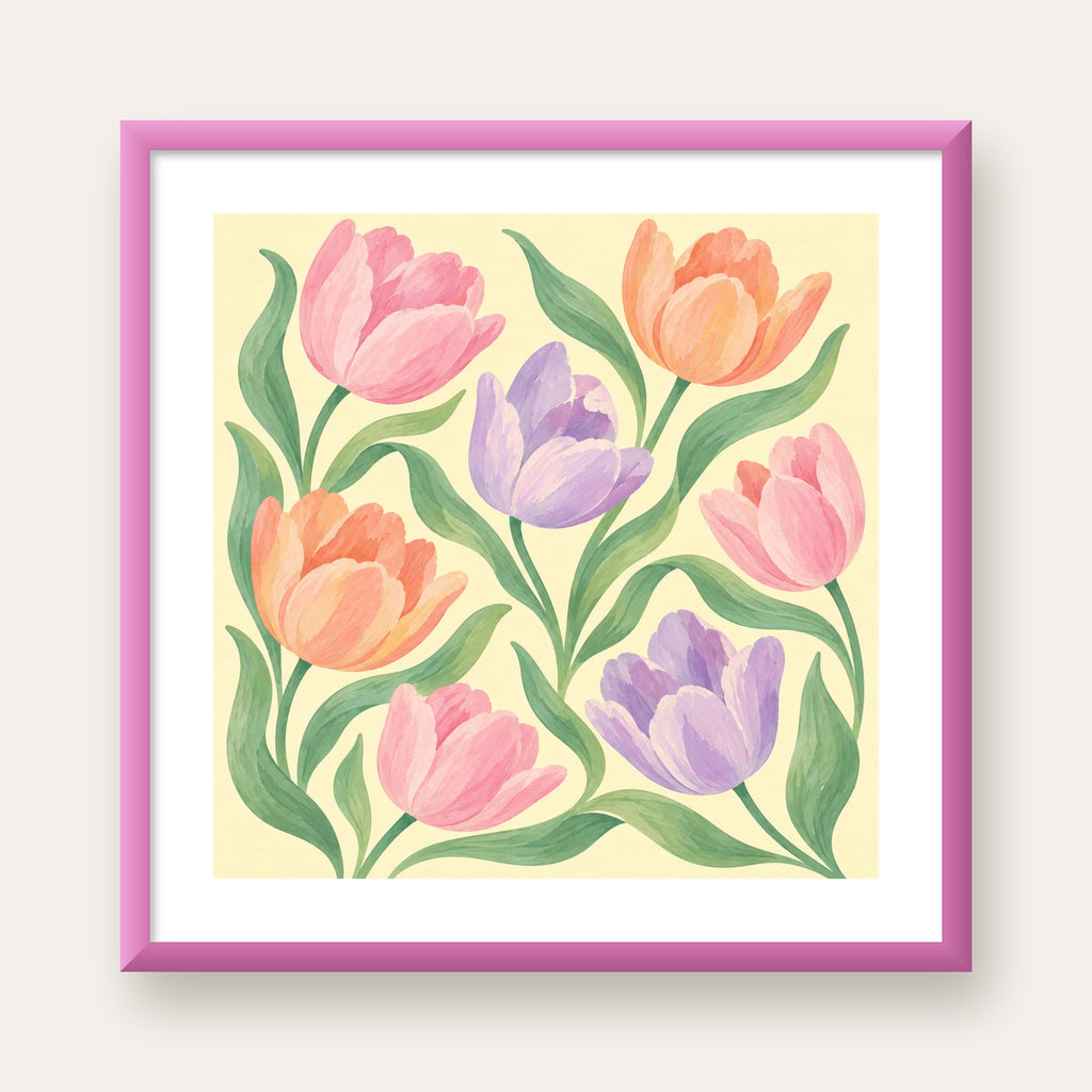 Pastel Lale Çiçek Desenli Sanatsal Poster, El Boyaması Etki — pembe çerçeveli paspartulu