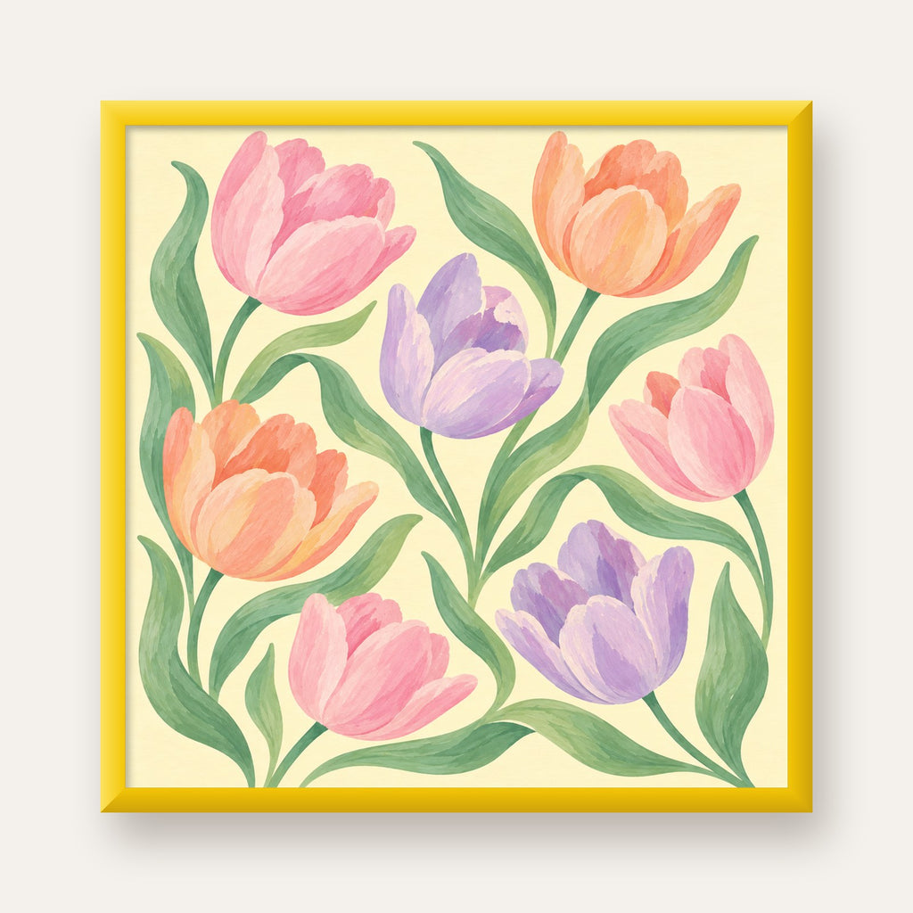 Pastel Lale Çiçek Desenli Sanatsal Poster, El Boyaması Etki — sarı çerçeveli