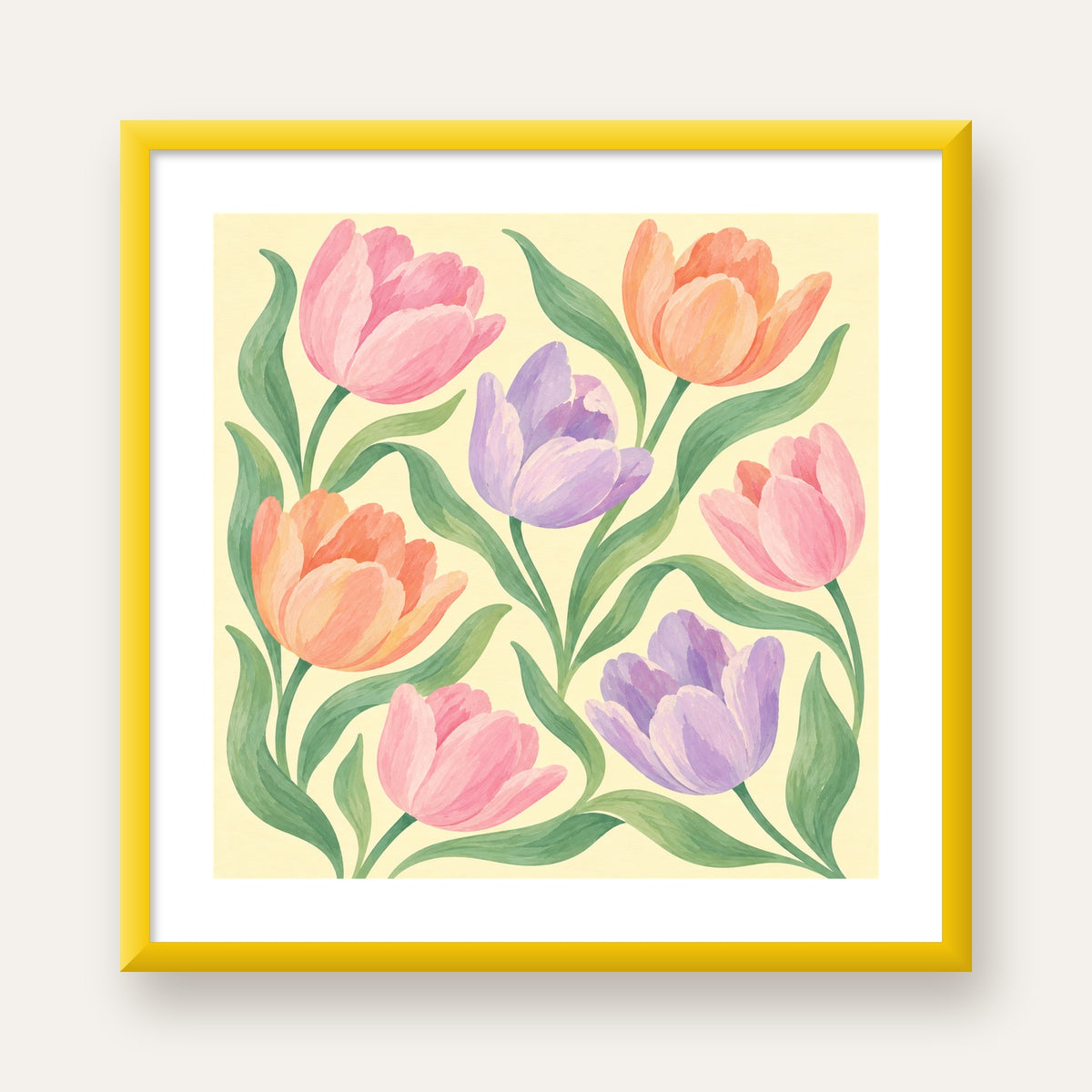 Pastel Lale Çiçek Desenli Sanatsal Poster, El Boyaması Etki — sarı çerçeveli paspartulu