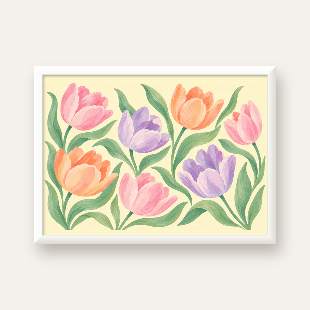 Pastel Lale Çiçek Desenli Sanatsal Poster, El Boyaması Etki — beyaz çerçeveli yatay poster