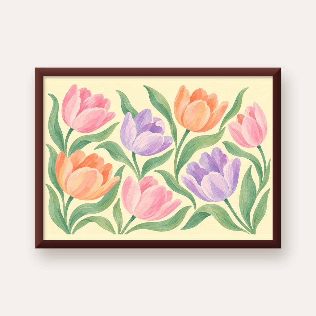 Pastel Lale Çiçek Desenli Sanatsal Poster, El Boyaması Etki — ceviz çerçeveli