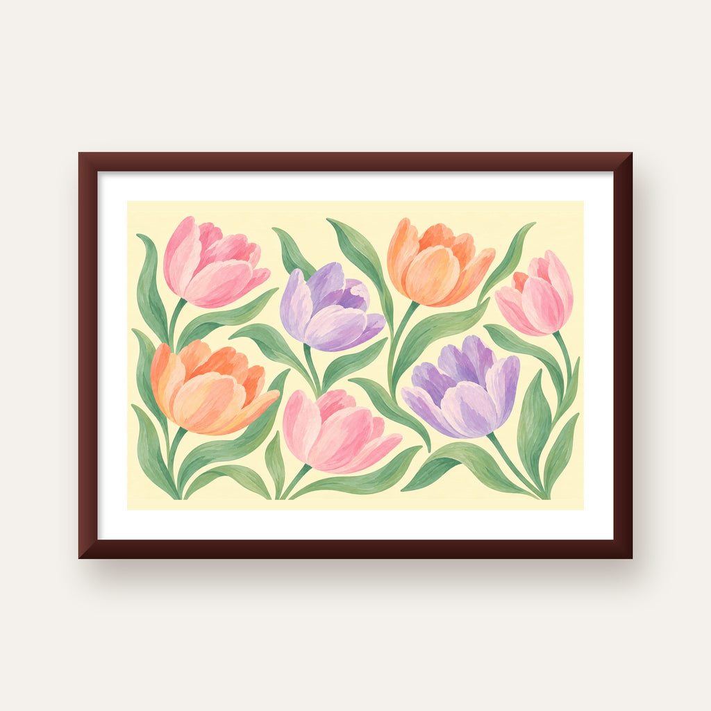 Pastel Lale Çiçek Desenli Sanatsal Poster, El Boyaması Etki — ceviz çerçeveli paspartulu