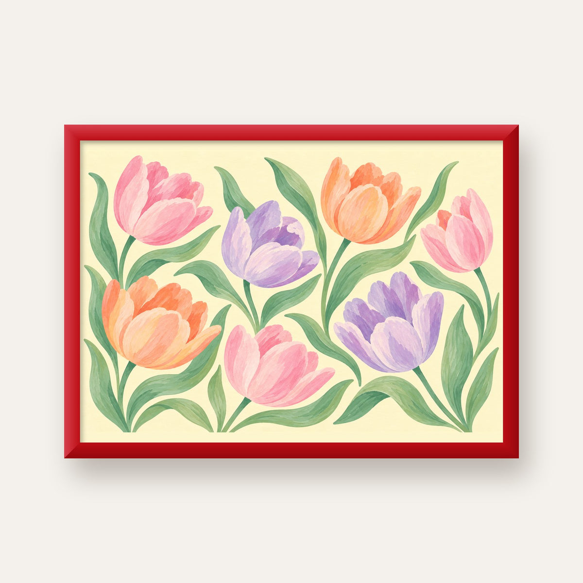 Pastel Lale Çiçek Desenli Sanatsal Poster, El Boyaması Etki — kırmızı çerçeveli