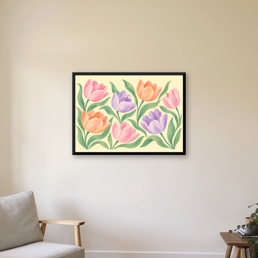 Pastel Lale Çiçek Desenli Sanatsal Poster, El Boyaması Etki — Yatay baskı, çerçeveli hâliyle bir ev duvarında