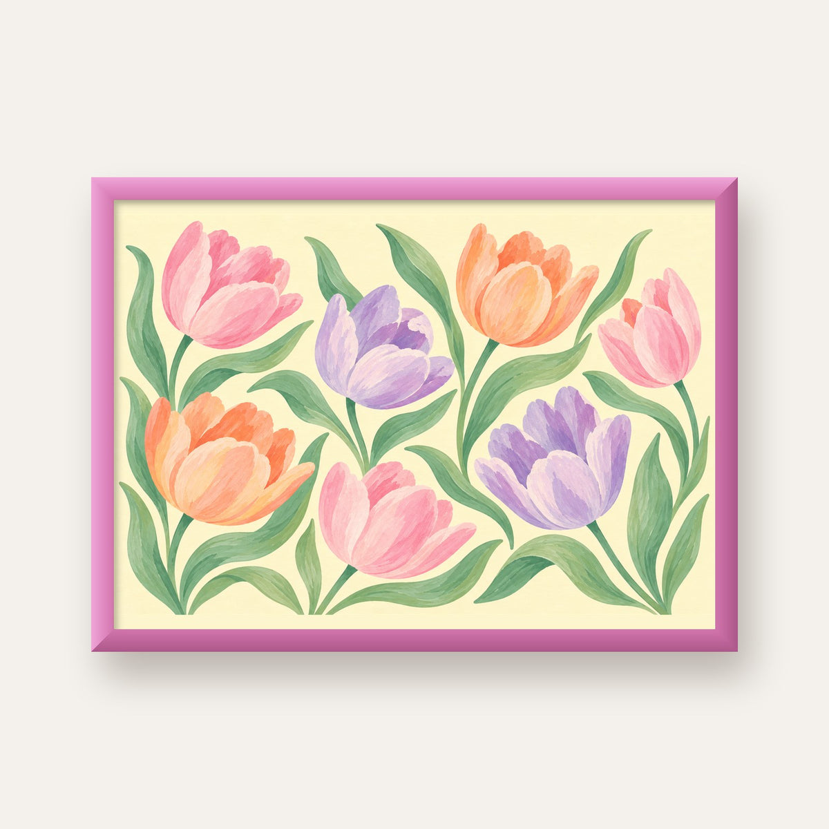 Pastel Lale Çiçek Desenli Sanatsal Poster, El Boyaması Etki — pembe çerçeveli