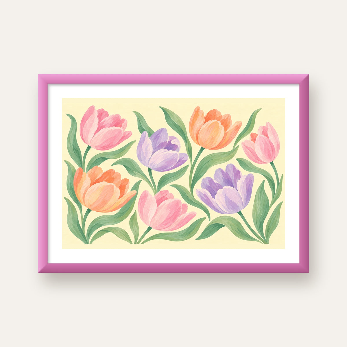 Pastel Lale Çiçek Desenli Sanatsal Poster, El Boyaması Etki — pembe çerçeveli paspartulu