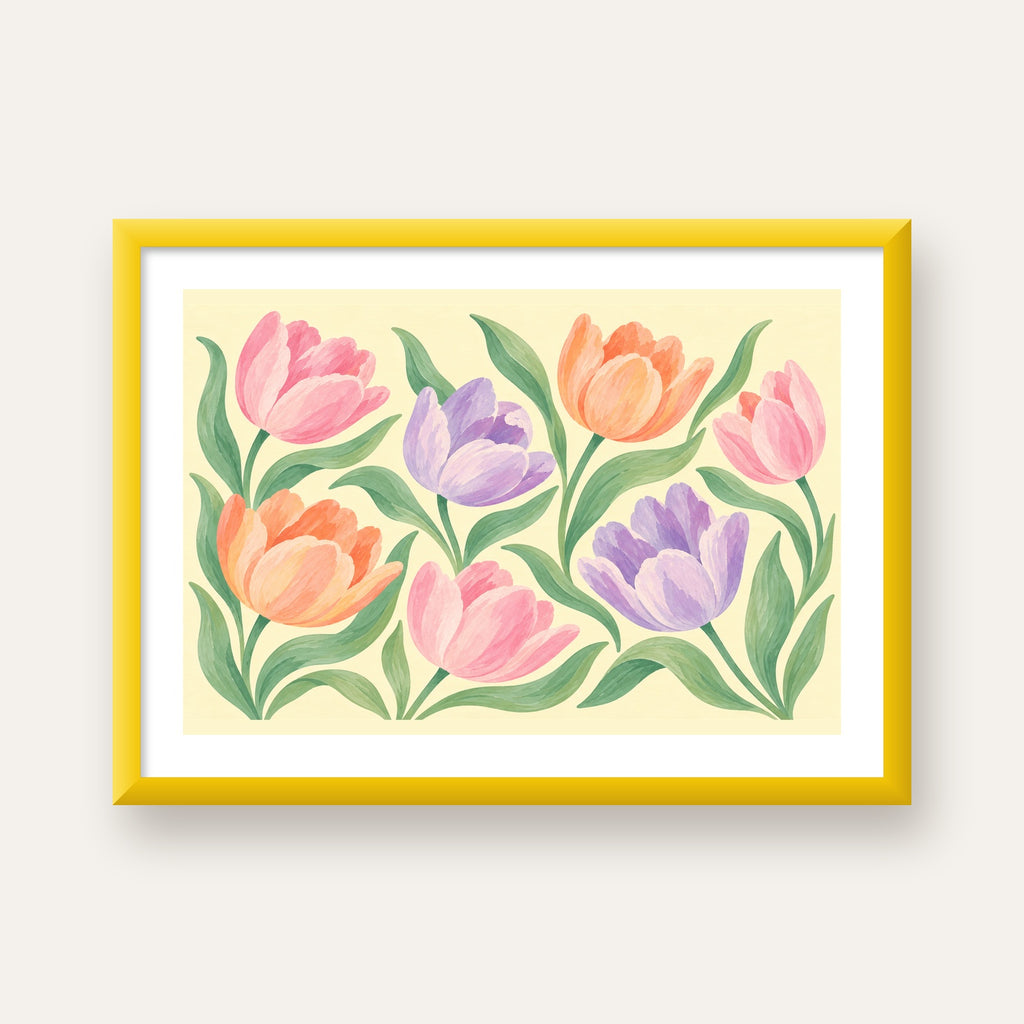 Pastel Lale Çiçek Desenli Sanatsal Poster, El Boyaması Etki — sarı çerçeveli paspartulu