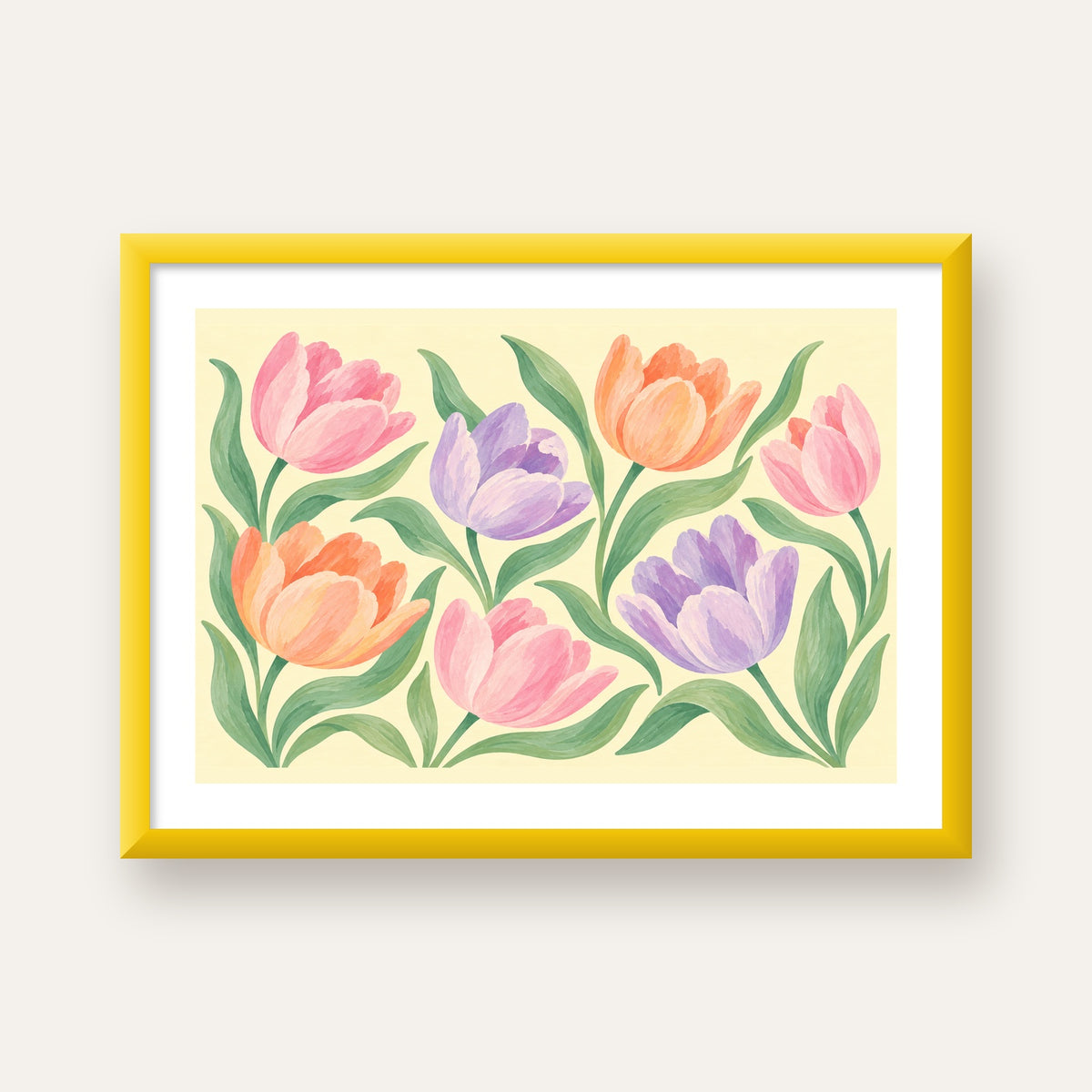 Pastel Lale Çiçek Desenli Sanatsal Poster, El Boyaması Etki — sarı çerçeveli paspartulu