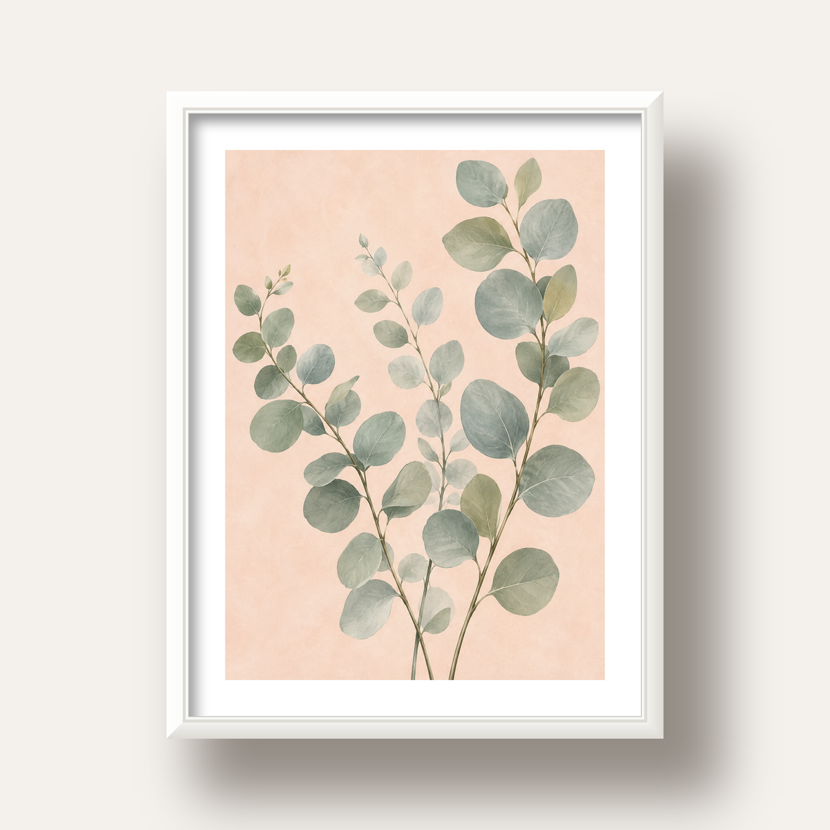 Sulu Boya Okaliptüs Dalı Poster – Pastel ve Minimalist Duvar Sanatı — beyaz derin çerçeveli paspartulu
