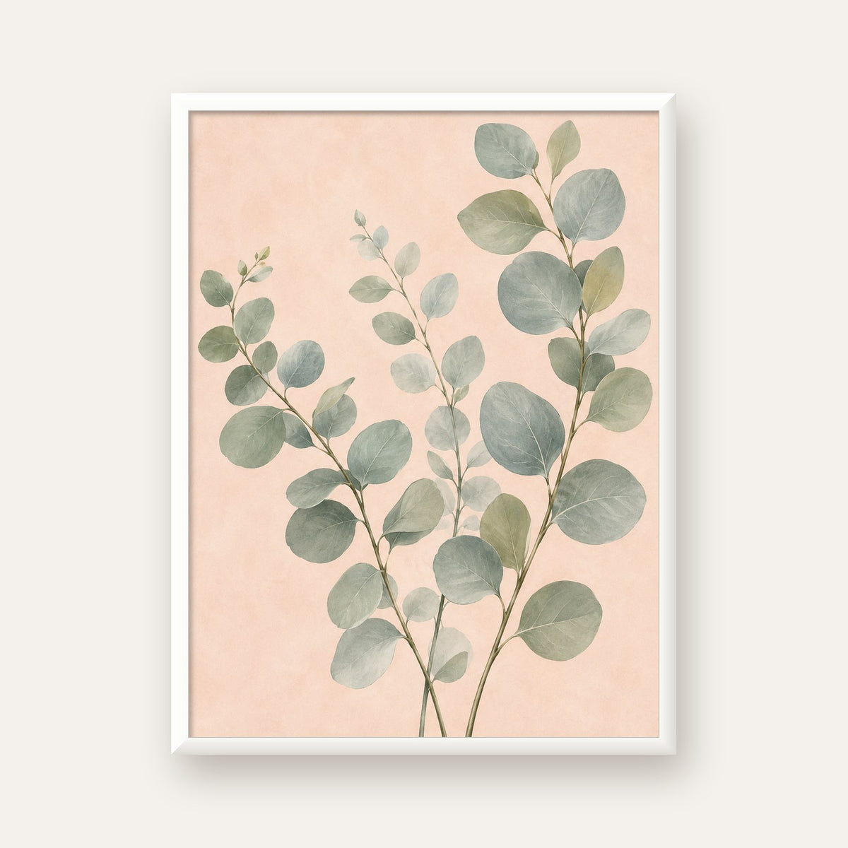 Sulu Boya Okaliptüs Dalı Poster – Pastel ve Minimalist Duvar Sanatı — beyaz çerçeveli dikey poster