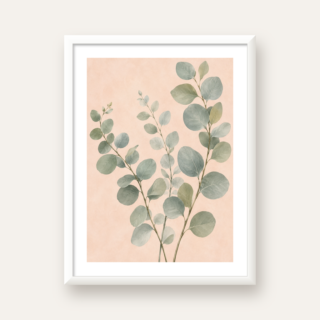 Sulu Boya Okaliptüs Dalı Poster – Pastel ve Minimalist Duvar Sanatı — beyaz çerçeveli dikey poster