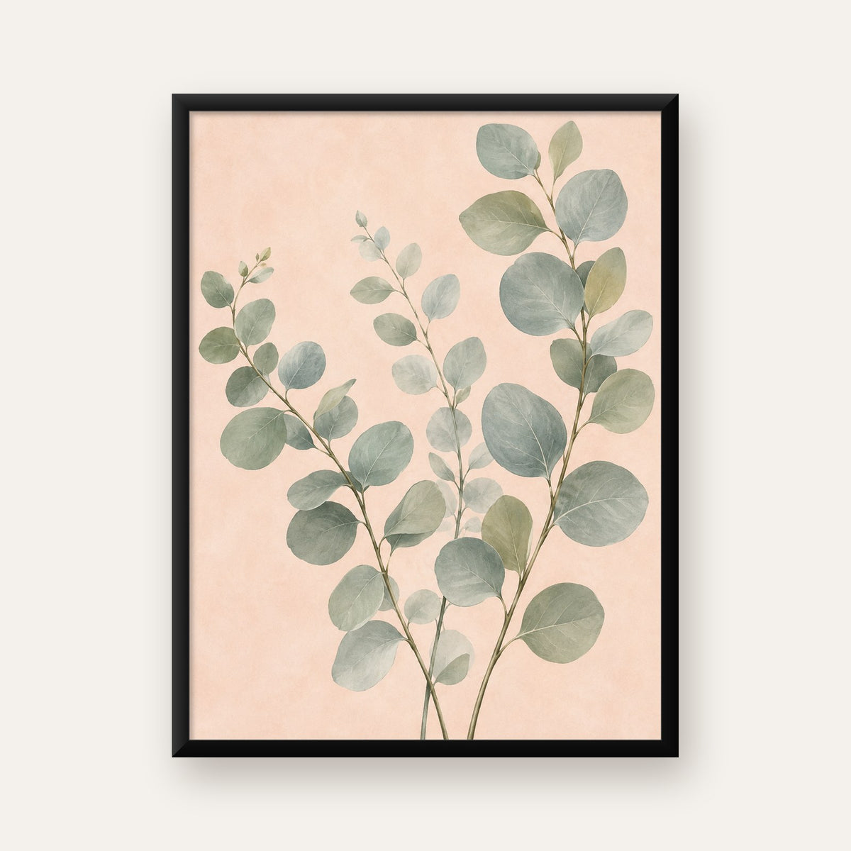 Sulu Boya Okaliptüs Dalı Poster – Pastel ve Minimalist Duvar Sanatı — Dikey baskı, düz siyah çerçeveli duvar posteri