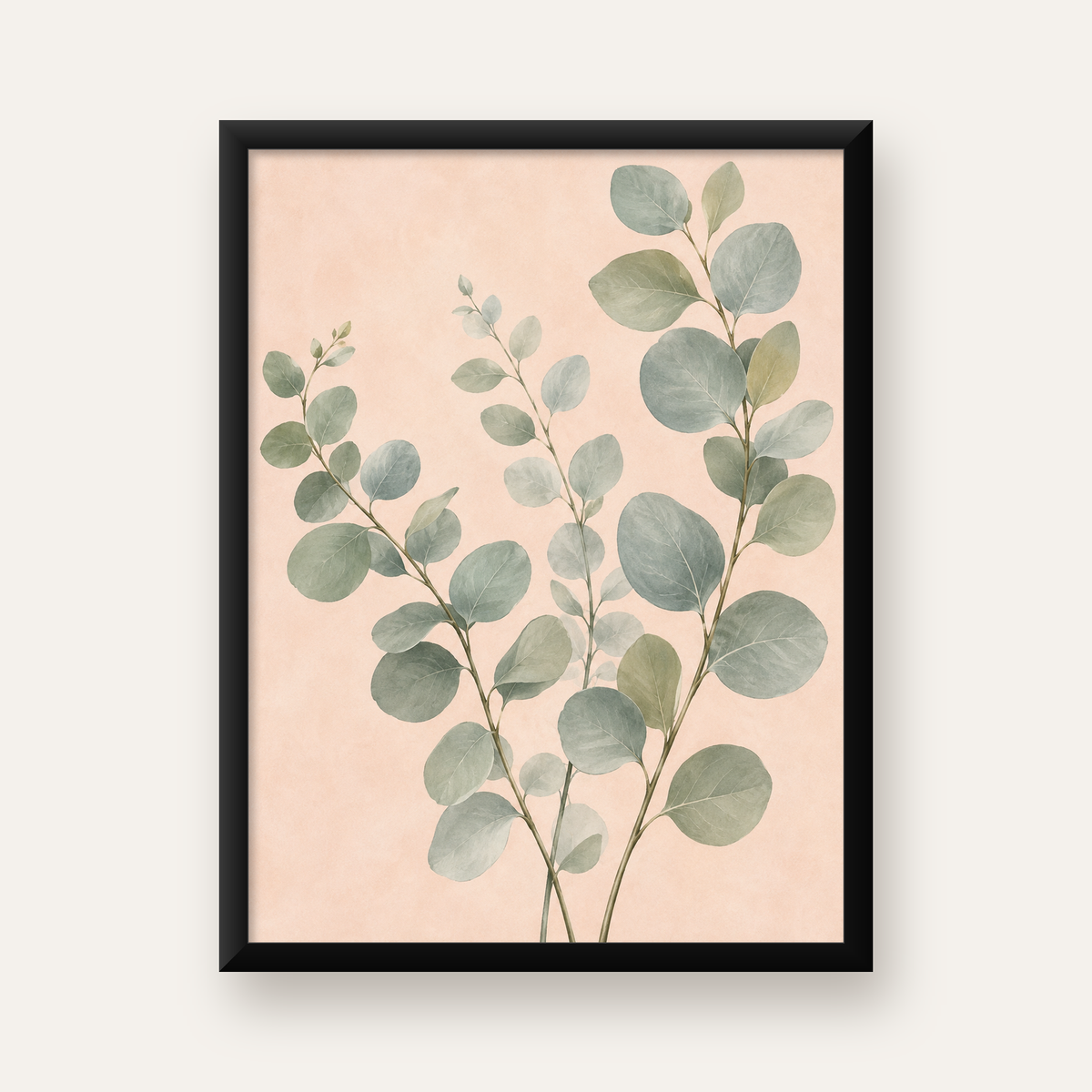 Sulu Boya Okaliptüs Dalı Poster – Pastel ve Minimalist Duvar Sanatı — Dikey baskı, düz siyah çerçeveli duvar posteri