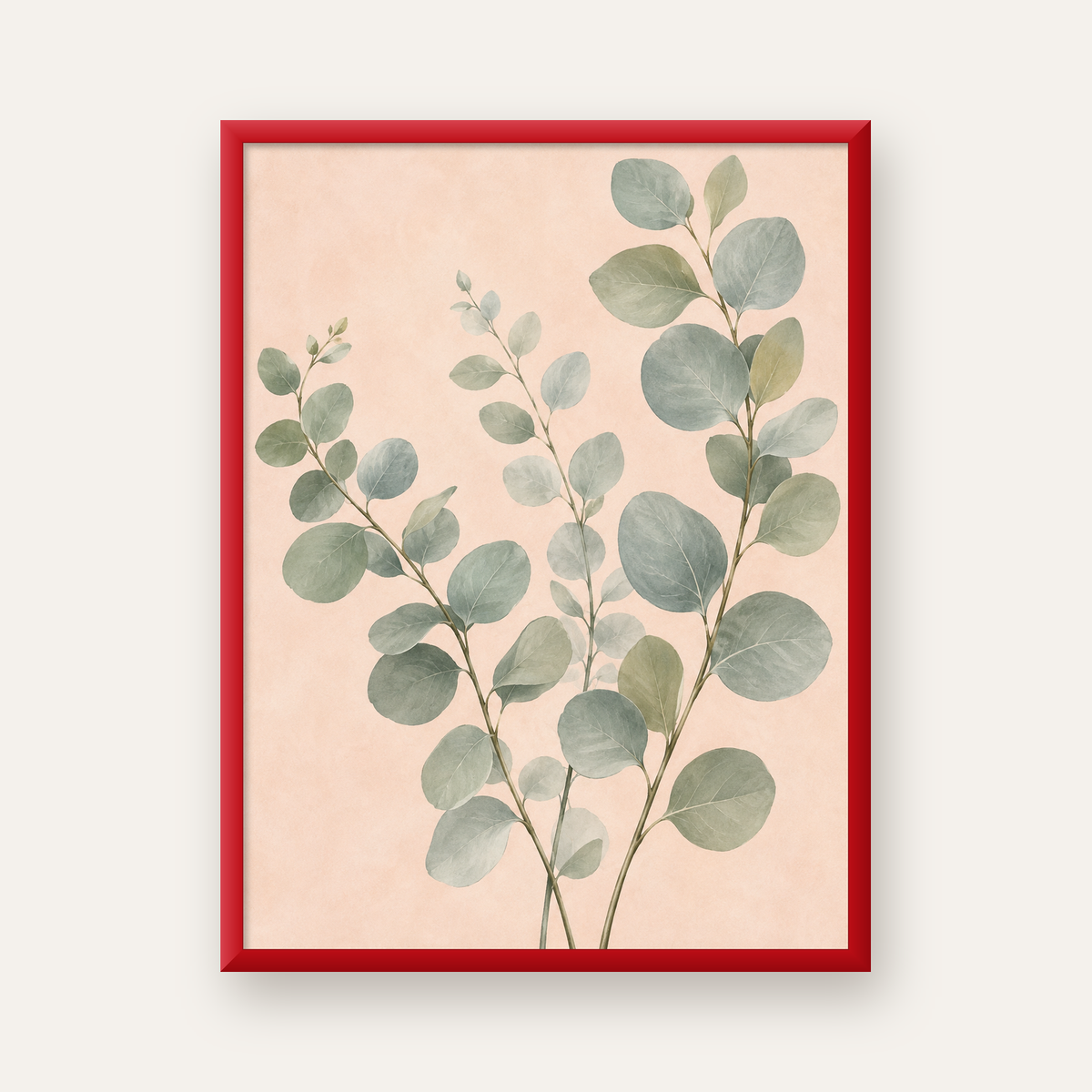 Sulu Boya Okaliptüs Dalı Poster – Pastel ve Minimalist Duvar Sanatı — kırmızı çerçeveli