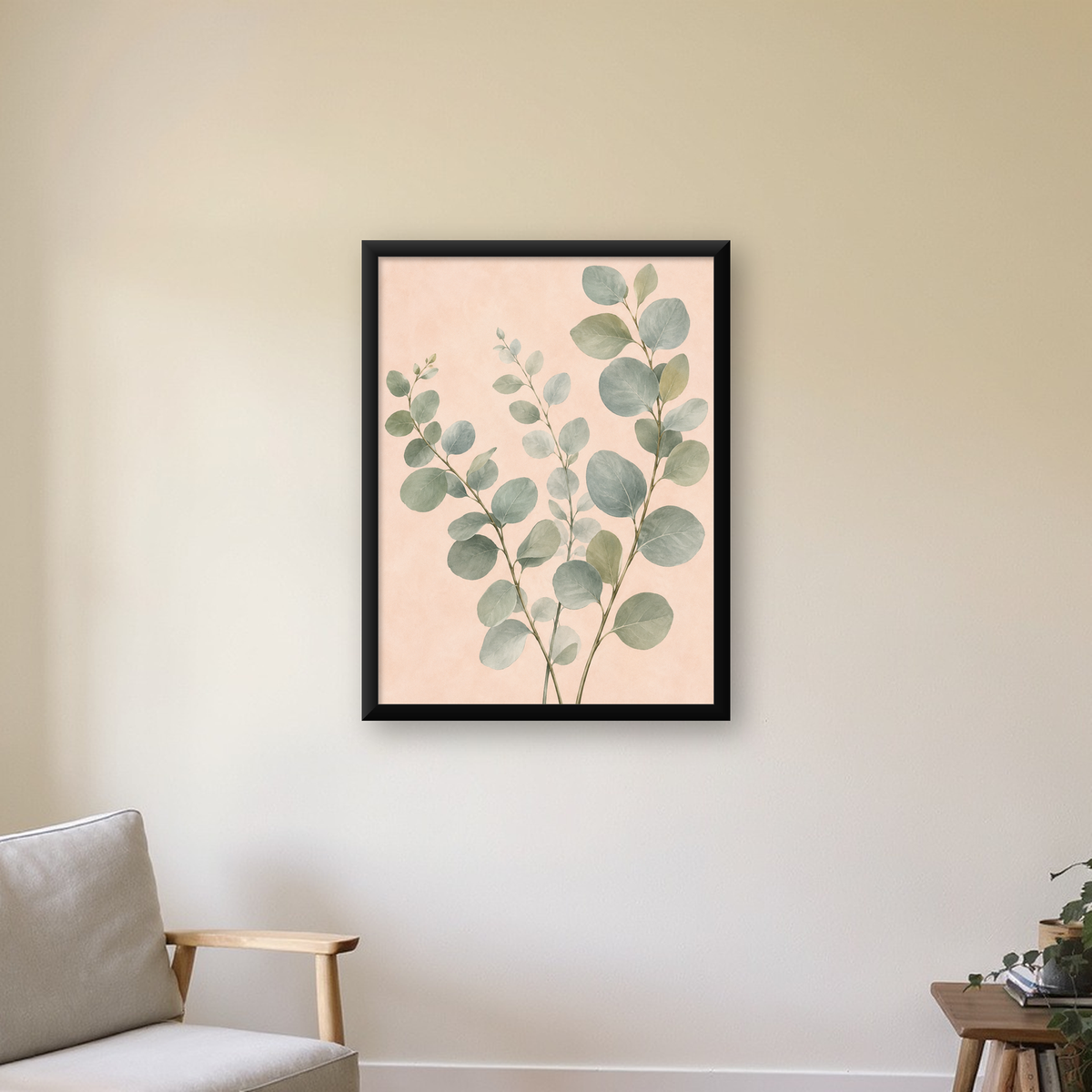 Sulu Boya Okaliptüs Dalı Poster – Pastel ve Minimalist Duvar Sanatı — Dikey baskı, çerçeveli hâliyle bir ev duvarında