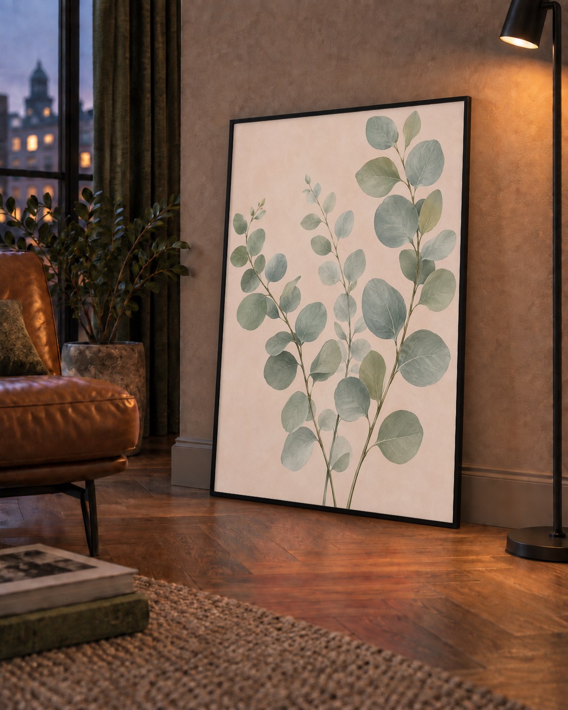 Sulu Boya Okaliptüs Dalı Poster – Pastel ve Minimalist Duvar Sanatı — çerçeveli hâliyle bir ev duvarında