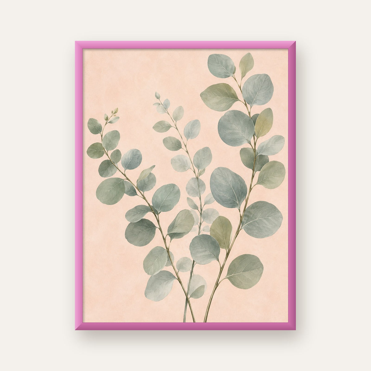 Sulu Boya Okaliptüs Dalı Poster – Pastel ve Minimalist Duvar Sanatı — pembe çerçeveli