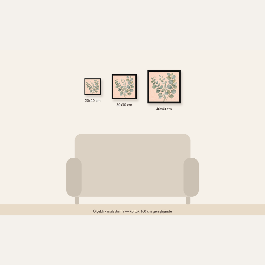 Sulu Boya Okaliptüs Dalı Poster – Pastel ve Minimalist Duvar Sanatı — Kare ölçülerinin karşılaştırması