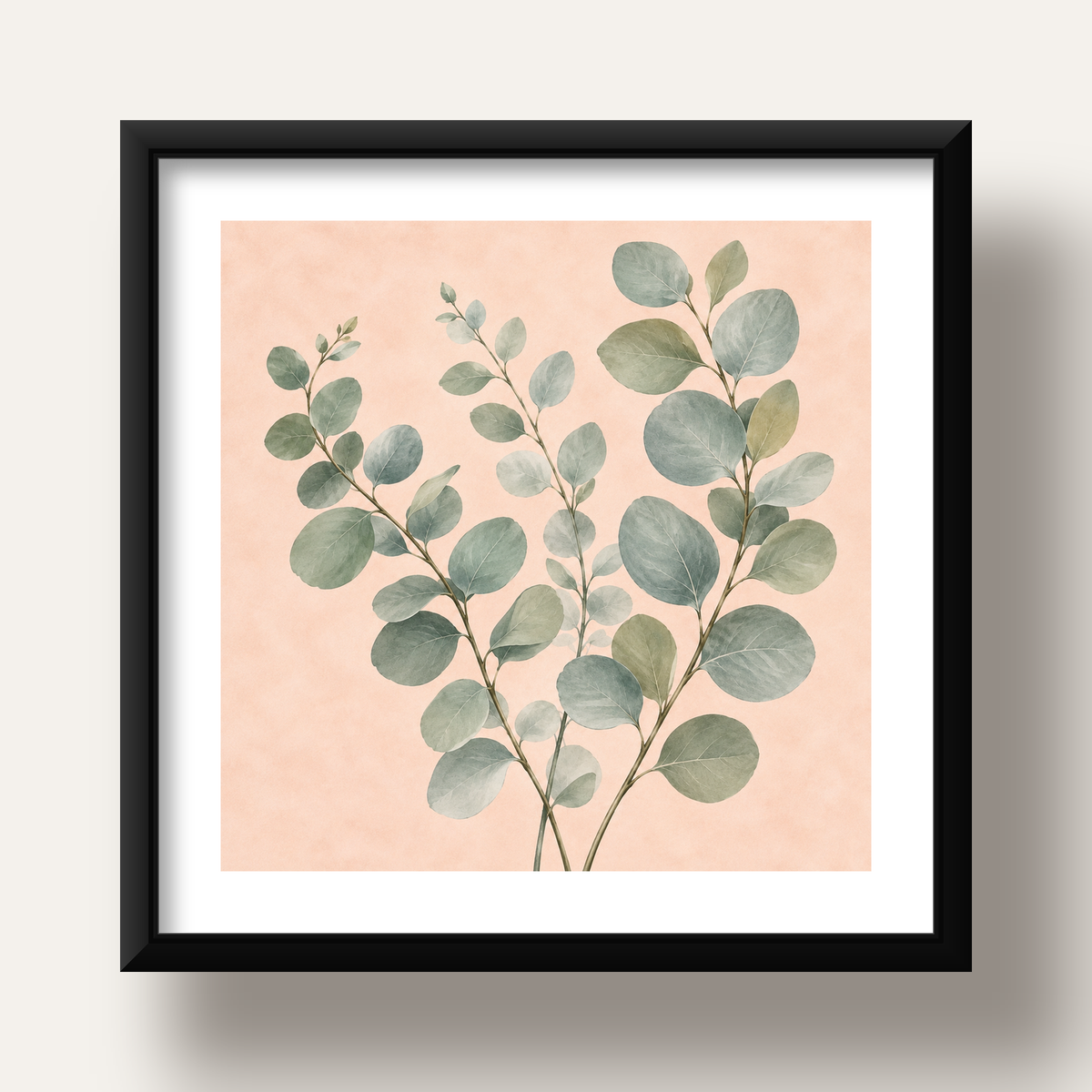 Sulu Boya Okaliptüs Dalı Poster – Pastel ve Minimalist Duvar Sanatı — siyah derin çerçeveli paspartulu