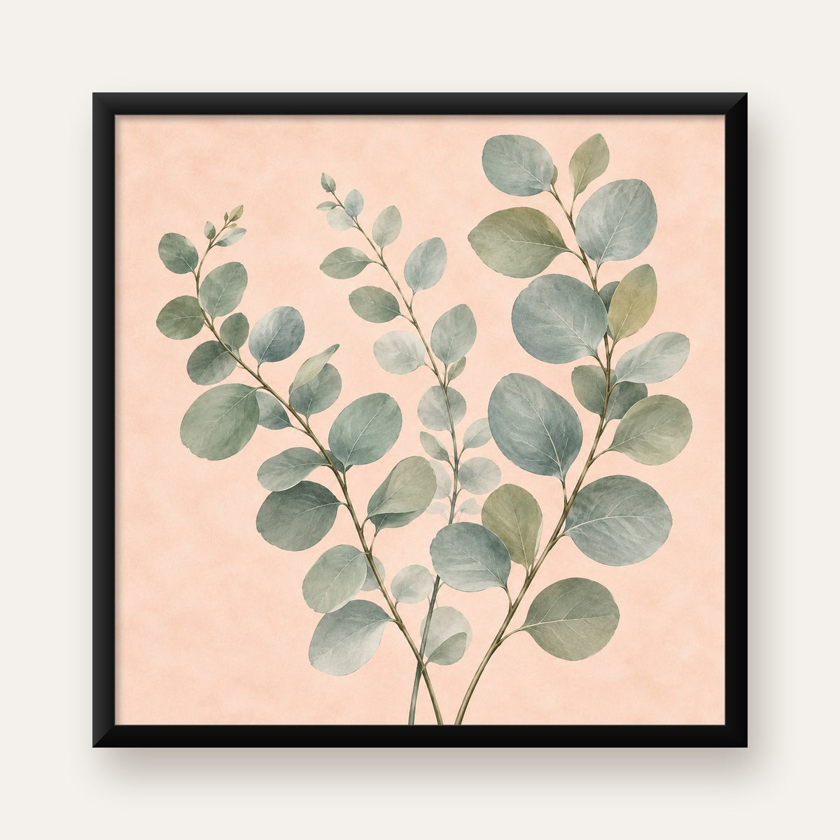 Sulu Boya Okaliptüs Dalı Poster – Pastel ve Minimalist Duvar Sanatı — Kare baskı, düz siyah çerçeveli duvar posteri