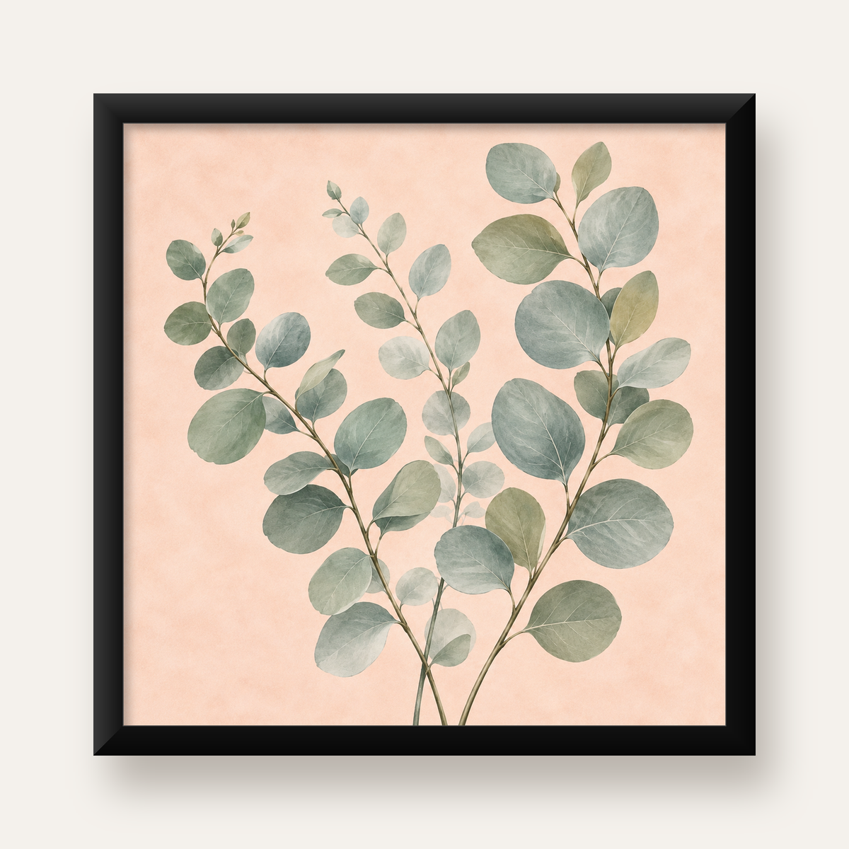 Sulu Boya Okaliptüs Dalı Poster – Pastel ve Minimalist Duvar Sanatı — Kare baskı, düz siyah çerçeveli duvar posteri