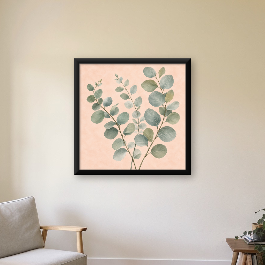 Sulu Boya Okaliptüs Dalı Poster – Pastel ve Minimalist Duvar Sanatı — Kare baskı, çerçeveli hâliyle bir ev duvarında