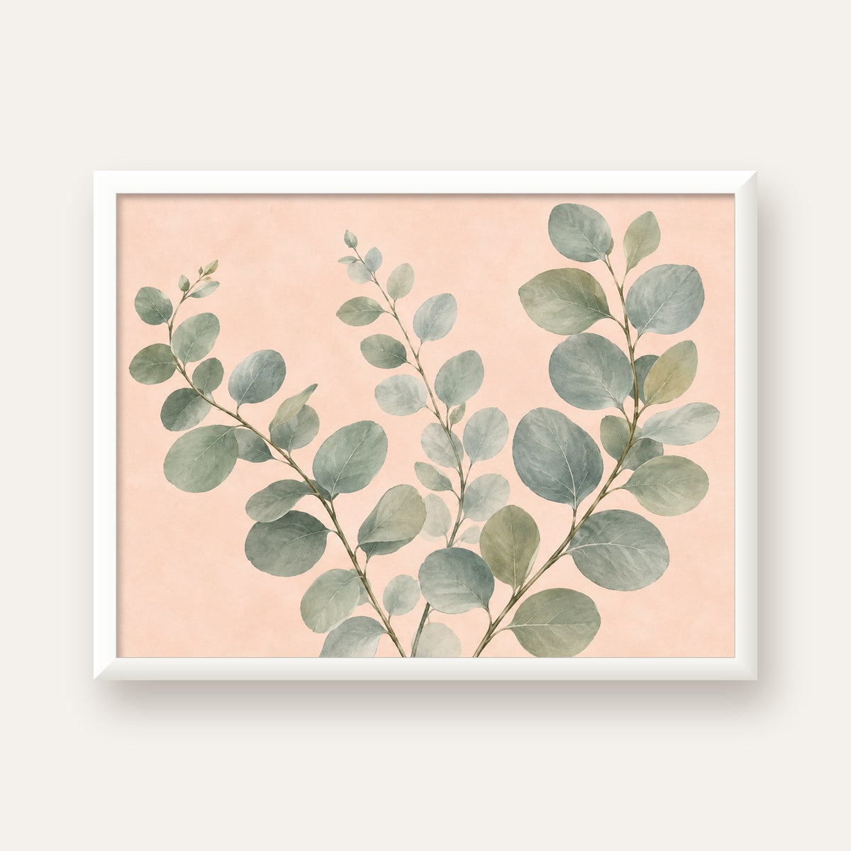 Sulu Boya Okaliptüs Dalı Poster – Pastel ve Minimalist Duvar Sanatı — beyaz çerçeveli yatay poster