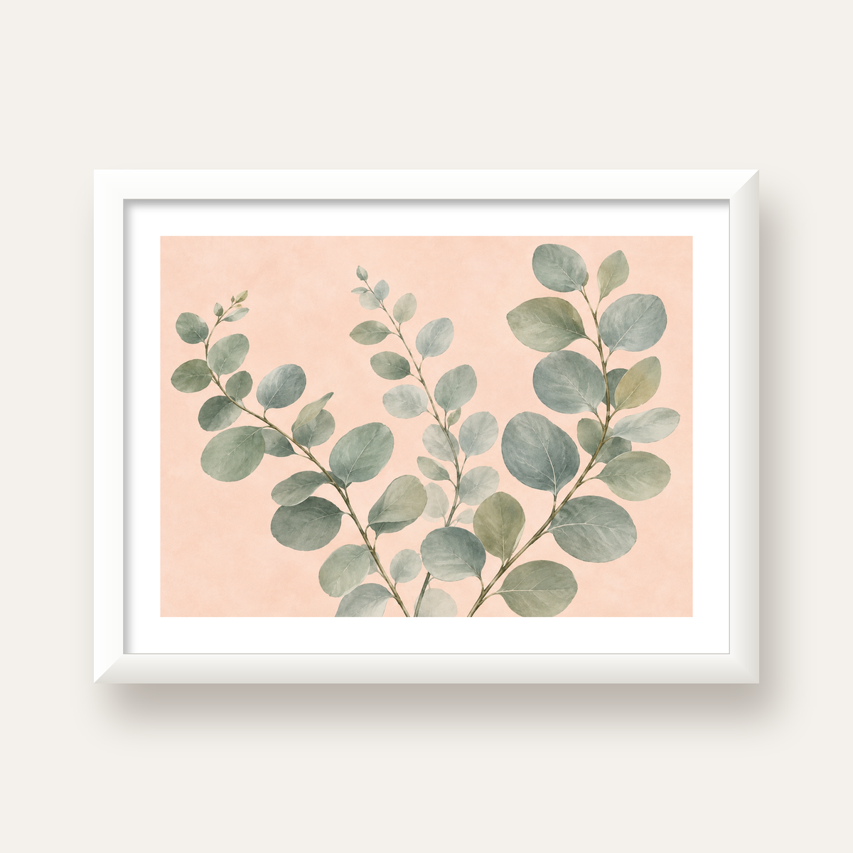 Sulu Boya Okaliptüs Dalı Poster – Pastel ve Minimalist Duvar Sanatı — beyaz çerçeveli yatay poster