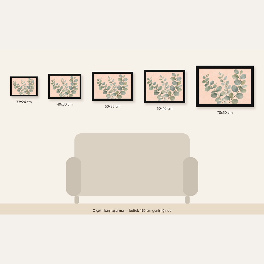 Sulu Boya Okaliptüs Dalı Poster – Pastel ve Minimalist Duvar Sanatı — Yatay ölçülerinin karşılaştırması