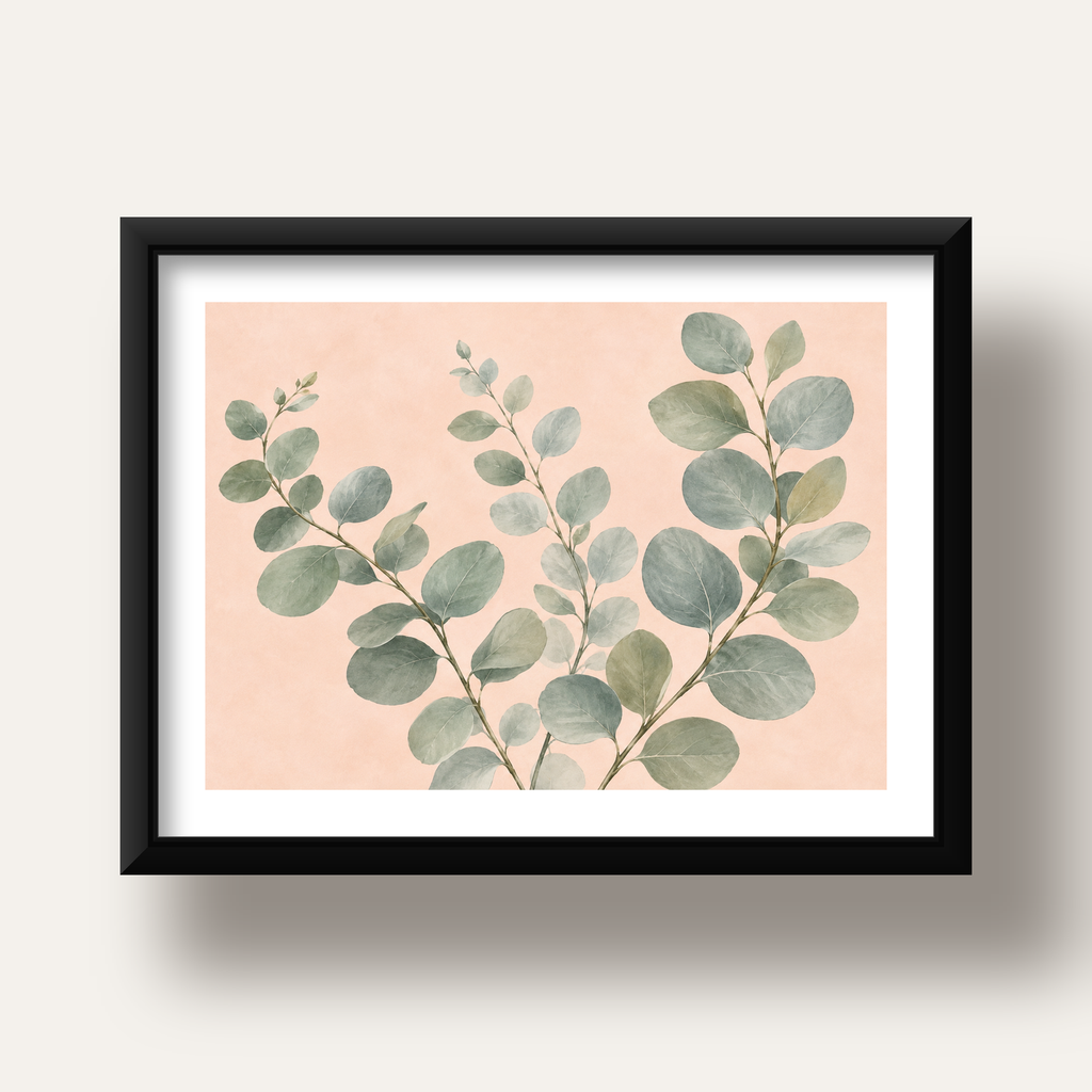 Sulu Boya Okaliptüs Dalı Poster – Pastel ve Minimalist Duvar Sanatı — siyah derin çerçeveli paspartulu
